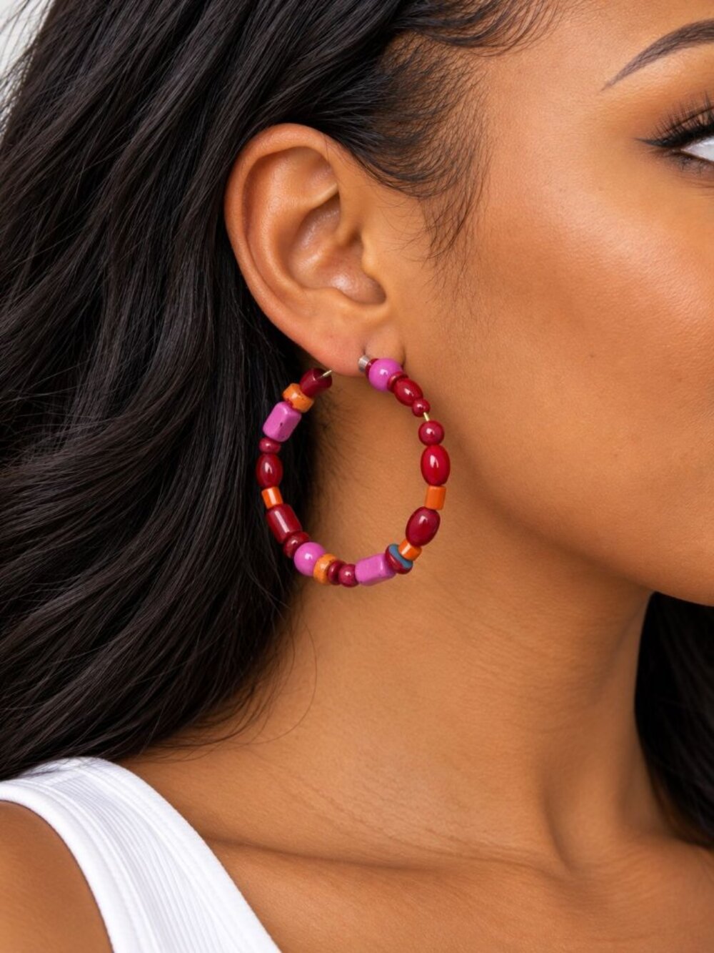 Beaded Hoop Earrings Multicolor Red & Pink Statement Boho Chic Lightweight